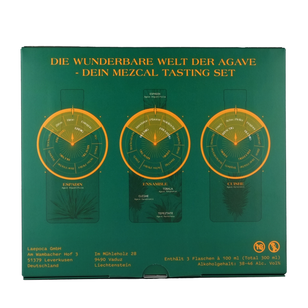 LÆPOCA Mezcal Premium Tasting-Set | Von Mexiko in die Alpen | Handgefertigt | Joven & Artesanal | 3 x 100 ml | Espadin 38% vol. | Ensamble 46% vol. | Cuishe 46% vol.