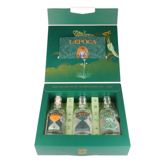 LÆPOCA Mezcal Premium Tasting-Set | Von Mexiko in die Alpen | Handgefertigt | Joven & Artesanal | 3 x 100 ml | Espadin 38% vol. | Ensamble 46% vol. | Cuishe 46% vol.