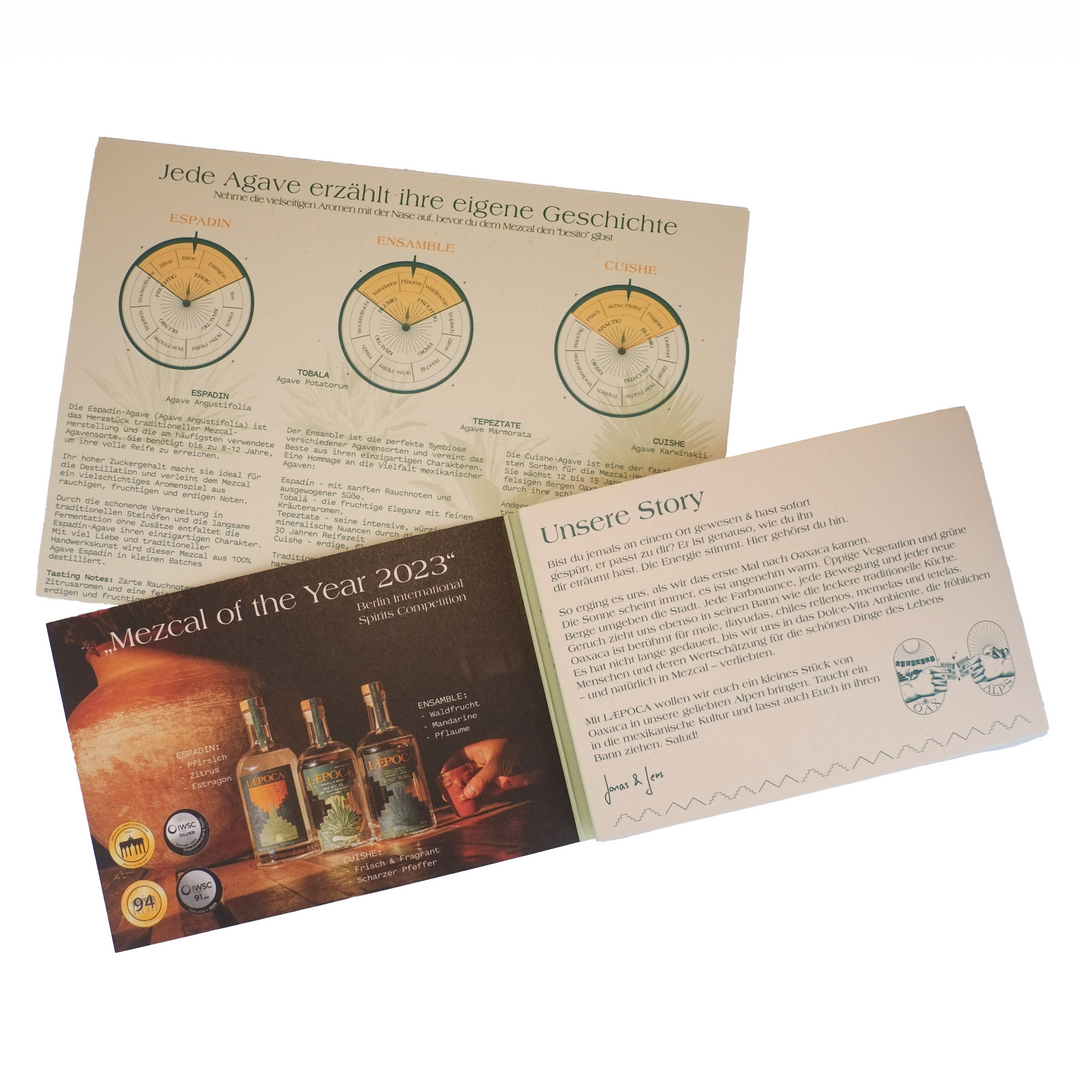 LÆPOCA Mezcal Premium Tasting-Set | Von Mexiko in die Alpen | Handgefertigt | Joven & Artesanal | 3 x 100 ml | Espadin 38% vol. | Ensamble 46% vol. | Cuishe 46% vol.